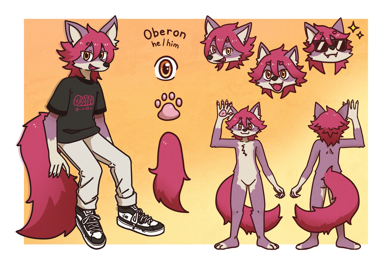 Oberon’s reference sheet with front and back views, expressions and colors